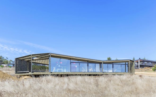 Casa Casi Cubo, L A N D architecture, wooden pavilion, Chile, perforated façade, shelter, pine wood, green architecture, patterns, indoor outdoor living