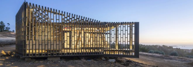 Casa Casi Cubo, L A N D architecture, wooden pavilion, Chile, perforated façade, shelter, pine wood, green architecture, patterns, indoor outdoor living