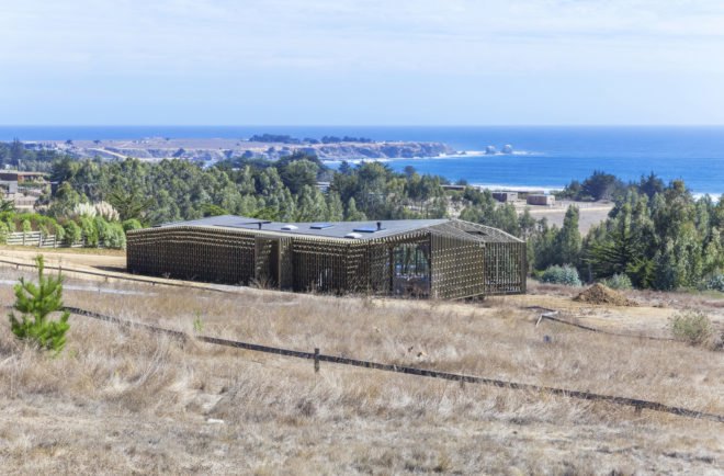 Casa Casi Cubo, L A N D architecture, wooden pavilion, Chile, perforated façade, shelter, pine wood, green architecture, patterns, indoor outdoor living