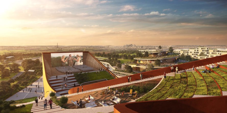 EuropaCity, EuropaCity UNstudio, EuropaCity competition, Centre Culturel DédiéAu 7è Art by UNStudio, Centre Culturel DédiéAu 7è Art in EuropaCity, EuropaCity Paris, unusual cinema architecture, green roofed cinema, outdoor cinema rooftop terrace
