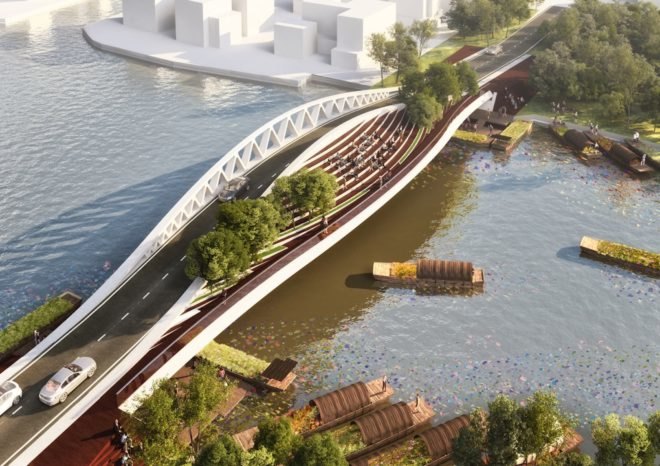 Dawn Bridge by MVRDV, Dawn Bridge in China, Dawn Bridge competition, Dawn Bridge Zhujiajiao, Zhujiajiao bridge project, bridge as public space, multi use bridge, bridge architecture in China