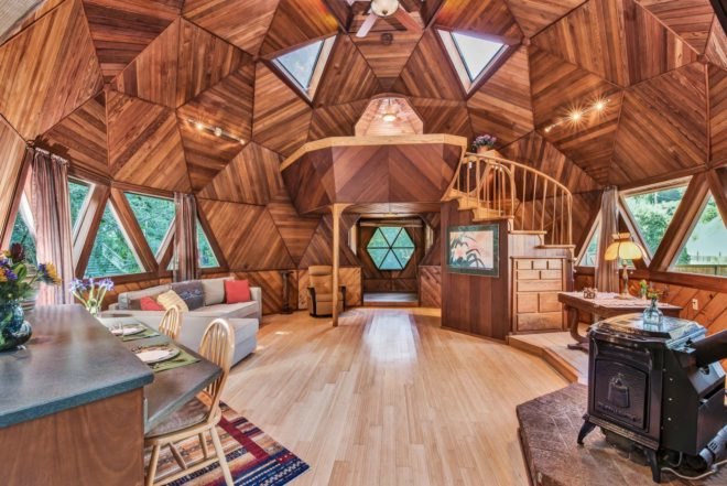 Geodesic Dome Home, wooden dome home, dome homes for sale, geodesic homes, geodesic home design, geodesic buildings, wooden homes, wooden homes for sale, sonoma county dome home, Russian River Valley dome homes, dome construction, building a round home, round homes, woodburning stoves, unique home designs,