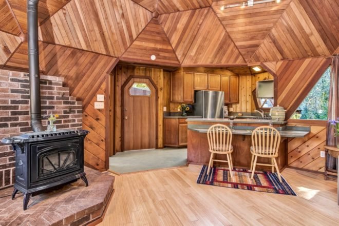 Geodesic Dome Home, wooden dome home, dome homes for sale, geodesic homes, geodesic home design, geodesic buildings, wooden homes, wooden homes for sale, sonoma county dome home, Russian River Valley dome homes, dome construction, building a round home, round homes, woodburning stoves, unique home designs,