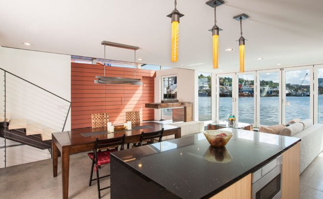 Houseboat H by Lanker Design LLC, Seattle sustainable houseboat, net zero houseboat, net zero floating home, LEED Platinum floating home, LEED Platinum houseboat, houseboat with floating islands,