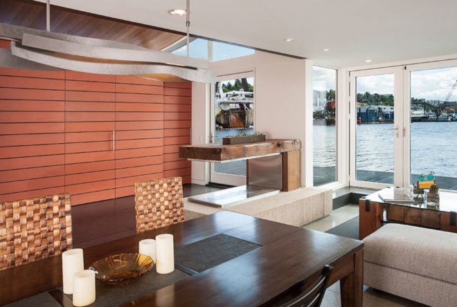 Houseboat H by Lanker Design LLC, Seattle sustainable houseboat, net zero houseboat, net zero floating home, LEED Platinum floating home, LEED Platinum houseboat, houseboat with floating islands,