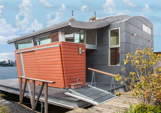 Houseboat H by Lanker Design LLC, Seattle sustainable houseboat, net zero houseboat, net zero floating home, LEED Platinum floating home, LEED Platinum houseboat, houseboat with floating islands,