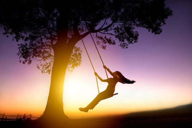 Swing, swinging, tree, woman, sunset, play