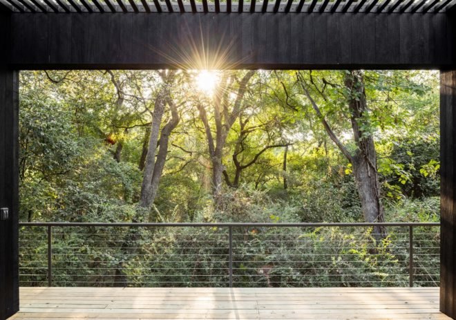 Treehouse, Texas, PH2 Treebox, Wernerfield, guest house, Dallas, elevated house, charred wood, green architecture, staircase, burnt wood