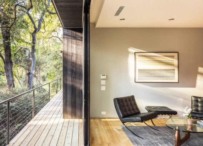 Treehouse, Texas, PH2 Treebox, Wernerfield, guest house, Dallas, elevated house, charred wood, green architecture, staircase, burnt wood