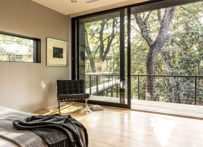 Treehouse, Texas, PH2 Treebox, Wernerfield, guest house, Dallas, elevated house, charred wood, green architecture, staircase, burnt wood