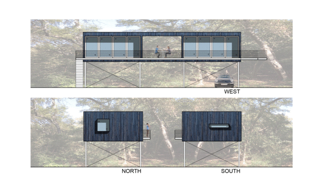 Treehouse, Texas, PH2 Treebox, Wernerfield, guest house, Dallas, elevated house, charred wood, green architecture, staircase, burnt wood