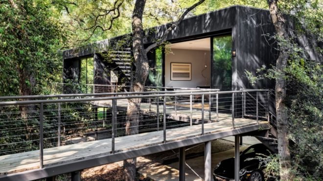 Treehouse, Texas, PH2 Treebox, Wernerfield, guest house, Dallas, elevated house, charred wood, green architecture, staircase, burnt wood