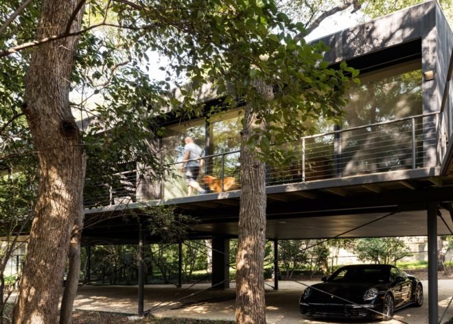 Treehouse, Texas, PH2 Treebox, Wernerfield, guest house, Dallas, elevated house, charred wood, green architecture, staircase, burnt wood