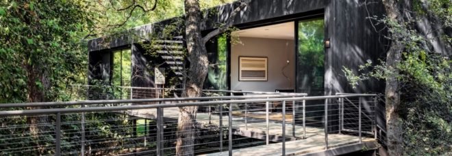 Treehouse, Texas, PH2 Treebox, Wernerfield, guest house, Dallas, elevated house, charred wood, green architecture, staircase, burnt wood