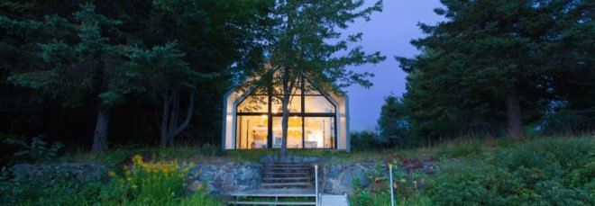 Window on the Lake by YH2 Architecture, Window on the Lake Quebec, Lac Plaisant cabin, balloon frame cabin, white cedar cabin, glazed end wall cabin, minimalist modern cabin architecture,
