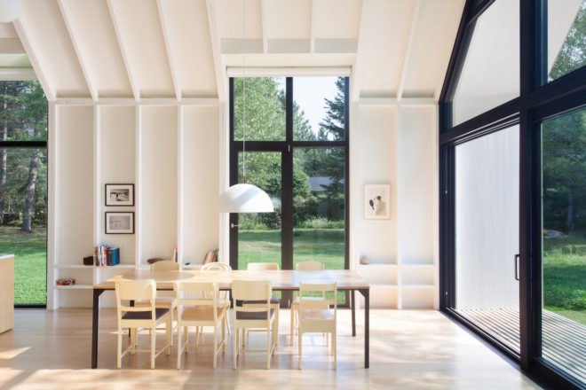 Window on the Lake by YH2 Architecture, Window on the Lake Quebec, Lac Plaisant cabin, balloon frame cabin, white cedar cabin, glazed end wall cabin, minimalist modern cabin architecture,