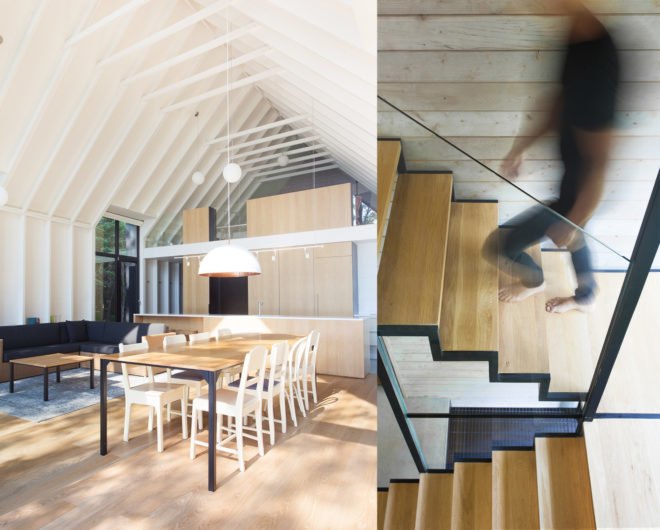Window on the Lake by YH2 Architecture, Window on the Lake Quebec, Lac Plaisant cabin, balloon frame cabin, white cedar cabin, glazed end wall cabin, minimalist modern cabin architecture,