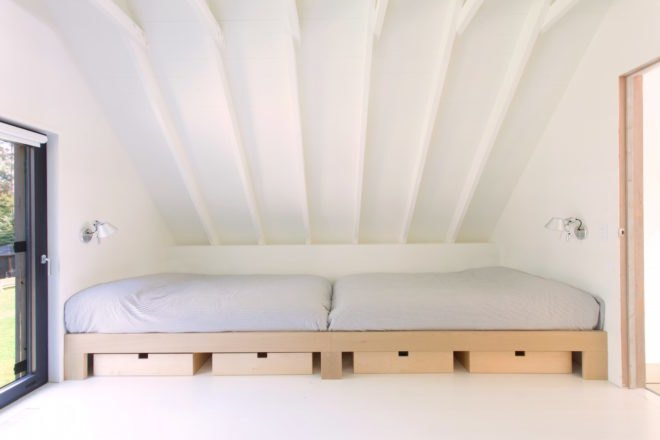 Window on the Lake by YH2 Architecture, Window on the Lake Quebec, Lac Plaisant cabin, balloon frame cabin, white cedar cabin, glazed end wall cabin, minimalist modern cabin architecture,