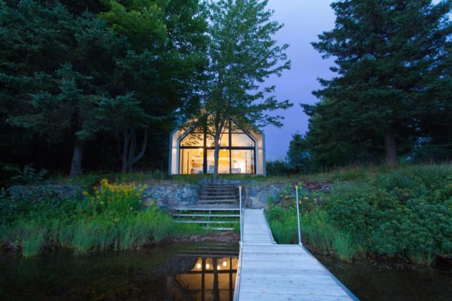 Window on the Lake by YH2 Architecture, Window on the Lake Quebec, Lac Plaisant cabin, balloon frame cabin, white cedar cabin, glazed end wall cabin, minimalist modern cabin architecture,