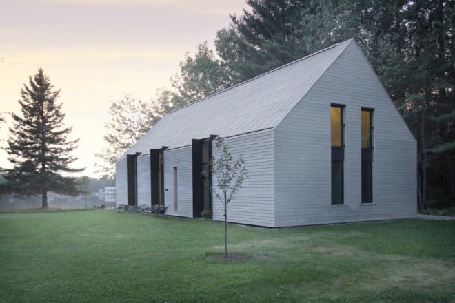Window on the Lake by YH2 Architecture, Window on the Lake Quebec, Lac Plaisant cabin, balloon frame cabin, white cedar cabin, glazed end wall cabin, minimalist modern cabin architecture,