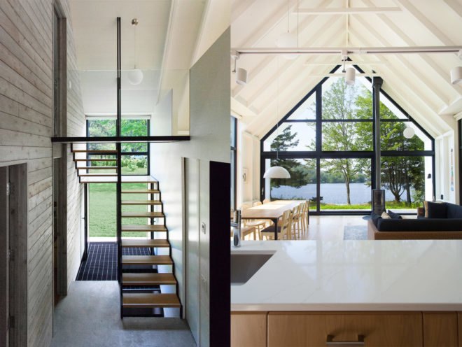 Window on the Lake by YH2 Architecture, Window on the Lake Quebec, Lac Plaisant cabin, balloon frame cabin, white cedar cabin, glazed end wall cabin, minimalist modern cabin architecture,