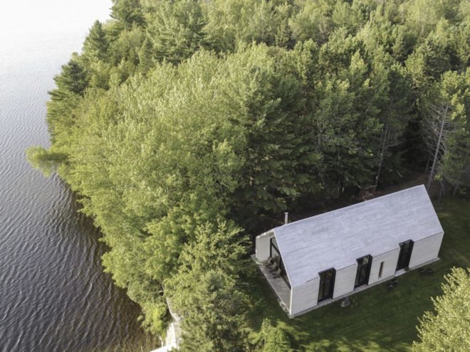 Window on the Lake by YH2 Architecture, Window on the Lake Quebec, Lac Plaisant cabin, balloon frame cabin, white cedar cabin, glazed end wall cabin, minimalist modern cabin architecture,