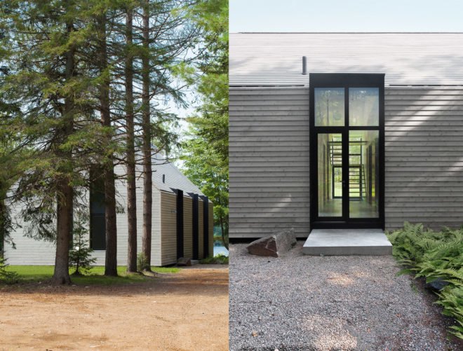 Window on the Lake by YH2 Architecture, Window on the Lake Quebec, Lac Plaisant cabin, balloon frame cabin, white cedar cabin, glazed end wall cabin, minimalist modern cabin architecture,