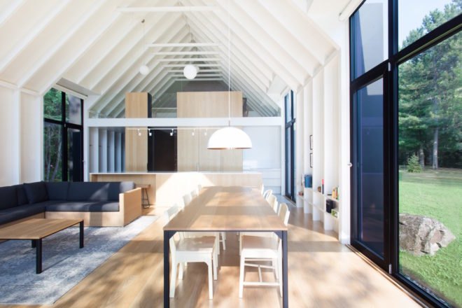 Window on the Lake by YH2 Architecture, Window on the Lake Quebec, Lac Plaisant cabin, balloon frame cabin, white cedar cabin, glazed end wall cabin, minimalist modern cabin architecture,
