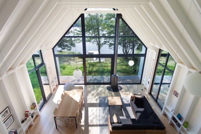 Window on the Lake by YH2 Architecture, Window on the Lake Quebec, Lac Plaisant cabin, balloon frame cabin, white cedar cabin, glazed end wall cabin, minimalist modern cabin architecture,