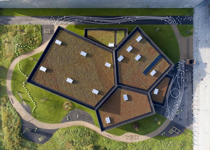 Ørestad City sports center by NORD Architects, Ørestad City sports facility, Ørestad City new architecture, green roofed sports center, timber clad architecture in Ørestad City, contemporary timber public architecture, Copenhagen sports center,