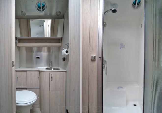 Airstream bathroom, Airstream shower, Airstream Globetrotter, camper, 2018 Airstream Globetrotter, airstream interior, small space living, tiny house, tiny home, mobile home, travel trailer, trailer home, trailer house