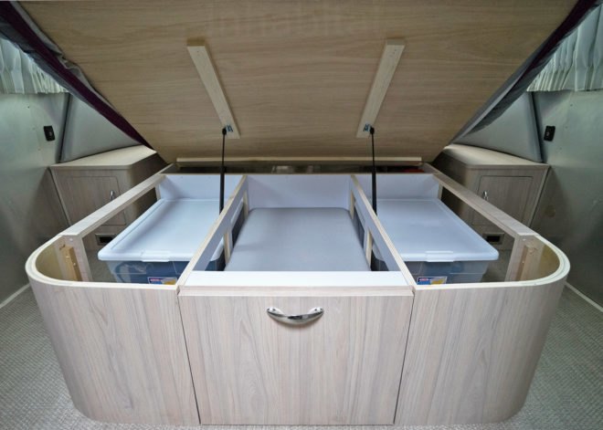 storage bed, Airstream, Airstream Globetrotter, camper, 2018 Airstream Globetrotter, airstream interior, small space living, tiny house, tiny home, mobile home, travel trailer, trailer home, trailer house