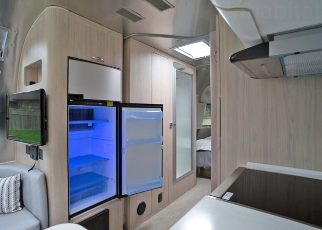 Airstream refrigerator, Airstream Globetrotter, camper, 2018 Airstream Globetrotter, airstream interior, small space living, tiny house, tiny home, mobile home, travel trailer, trailer home, trailer house