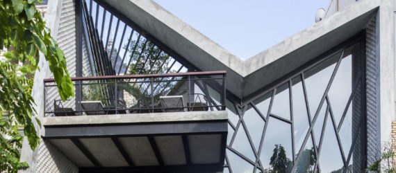An’garden Café, coffee shop, handing plants, Hanoi, Vietnam, cement, mezzanine, natural light, indoor pond, green interior, green architecture, industrial architecture