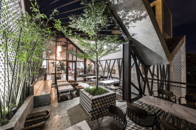 An’garden Café, coffee shop, handing plants, Ha Noi, Vietnam, cement, mezzanine, natural light, indoor pond, green interior, green architecture, industrial architecture