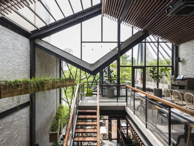 An’garden Café, coffee shop, handing plants, Ha Noi, Vietnam, cement, mezzanine, natural light, indoor pond, green interior, green architecture, industrial architecture