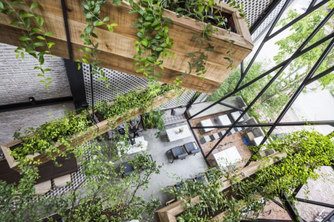 An’garden Café, coffee shop, handing plants, Ha Noi, Vietnam, cement, mezzanine, natural light, indoor pond, green interior, green architecture, industrial architecture