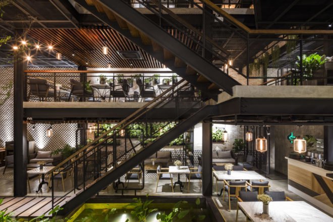 An’garden Café, coffee shop, handing plants, Ha Noi, Vietnam, cement, mezzanine, natural light, indoor pond, green interior, green architecture, industrial architecture