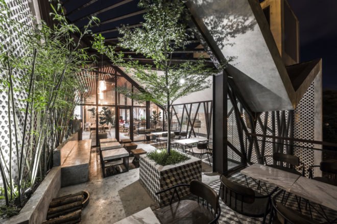 An’garden Café, coffee shop, handing plants, Ha Noi, Vietnam, cement, mezzanine, natural light, indoor pond, green interior, green architecture, industrial architecture
