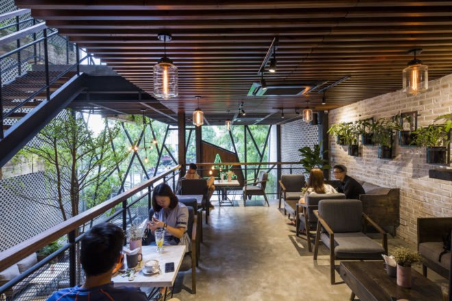 An’garden Café, coffee shop, handing plants, Ha Noi, Vietnam, cement, mezzanine, natural light, indoor pond, green interior, green architecture, industrial architecture