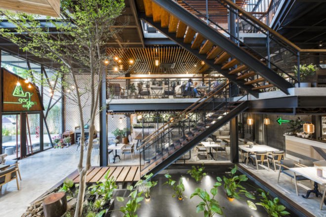 An’garden Café, coffee shop, handing plants, Ha Noi, Vietnam, cement, mezzanine, natural light, indoor pond, green interior, green architecture, industrial architecture
