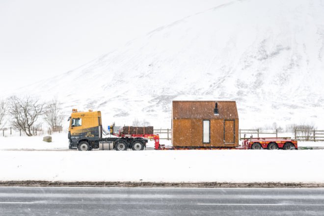 Artist Bothy prefab, Artist Bothy by Bobby Niven and Iain MacLeod, Artist Bothy Scotland, prefab Scottish cabin, artist residency prefab hut, artist residency Scottish Highlands, Highlands prefab architecture, Bothy project, cross laminated timber cabin prefab,
