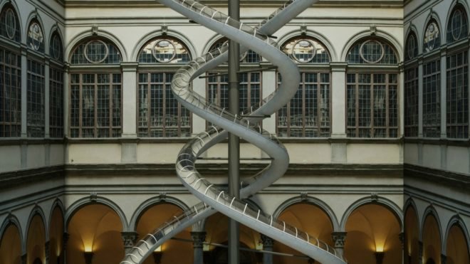 Carsten Höller, the Florence Experiment, giant slide installation, plant art, art installation italy, art installation florence, artist who uses slides, german artists, slide art, interactive art, relationship between art and humans, research art, contemporary artists, contemporary art, art and science, Carsten Holler latest exhibition, plant research, are plants affected by human emotions, plant experiments