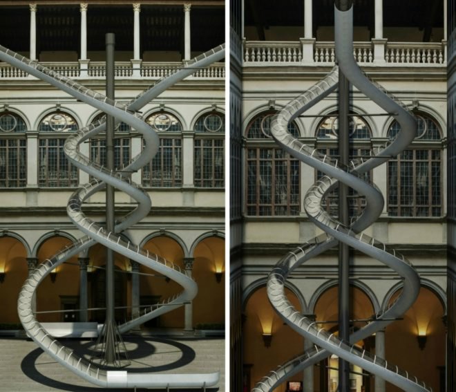 Carsten Höller, the Florence Experiment, giant slide installation, plant art, art installation italy, art installation florence, artist who uses slides, german artists, slide art, interactive art, relationship between art and humans, research art, contemporary artists, contemporary art, art and science, Carsten Holler latest exhibition, plant research, are plants affected by human emotions, plant experiments