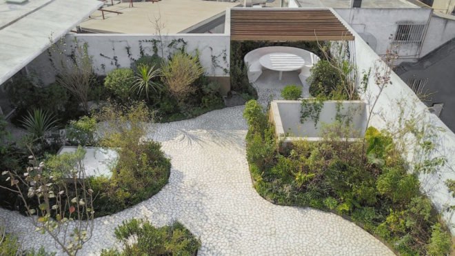 Case Verne by Zeller & Moye, native rooftop garden in Mexico City, Casa Verne Mexico City, renovated Art Deco townhouse, Mexico City townhouse renovation, cut marble pebble flooring, rooftop oasis in Mexico City