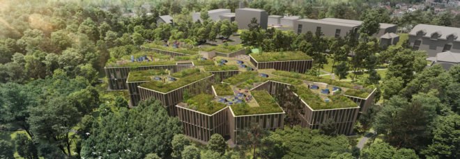 Czech Forestry Headquarters by Chybik + Kristof, Czech Forestry Headquarters, Czech Forestry Headquarters competition, Forestry architecture, Czech Republic eco architecture, green roofed Czech architecture, Hradec forest architecture
