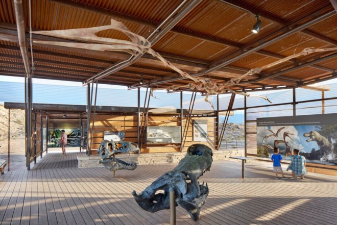 Fossil Discovery Exhibit by Lake | Flato Architects, Fossil Discovery Exhibit, Fossil Discovery Exhibit Big Bend, Big Bend National Park architecture, dinosaur fossil interpretative architecture, off-grid pavilion, Lake | Flato Architects Big Bend National Park, off grid national park architecture