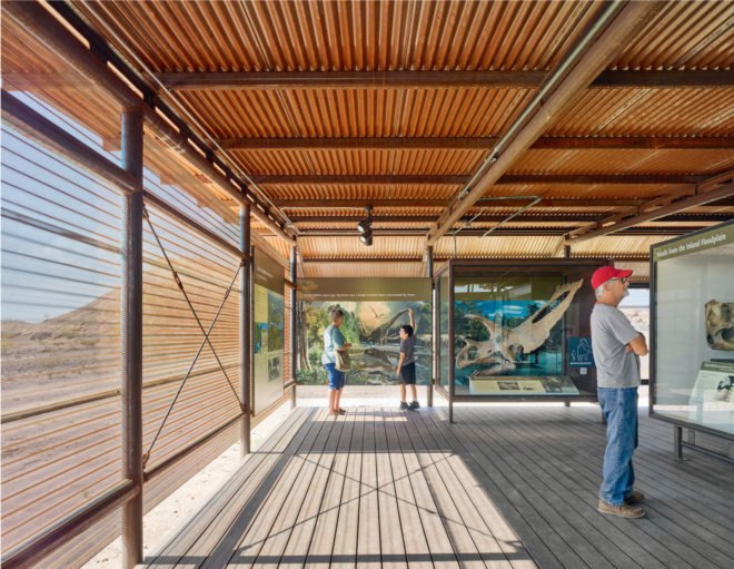 Fossil Discovery Exhibit by Lake | Flato Architects, Fossil Discovery Exhibit, Fossil Discovery Exhibit Big Bend, Big Bend National Park architecture, dinosaur fossil interpretative architecture, off-grid pavilion, Lake | Flato Architects Big Bend National Park, off grid national park architecture