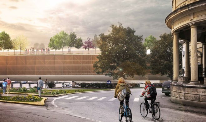 Rendering of two people riding bikes toward the car park