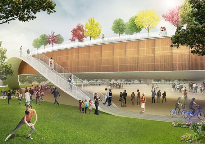 Rendering of people playing on the grass at the car park